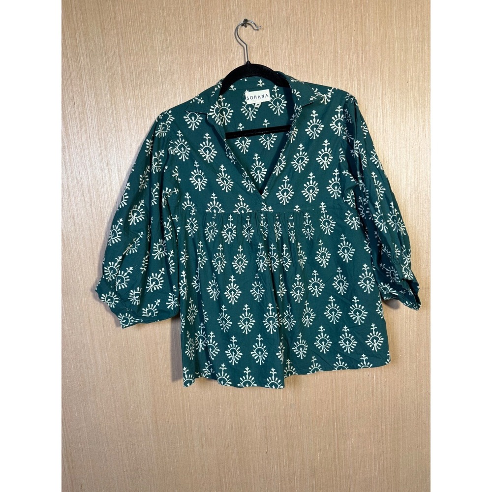 Sohana Green‎ Cotton Blouse Top Medallion Print 3/4 Sleeve Boho Bohemian Medium